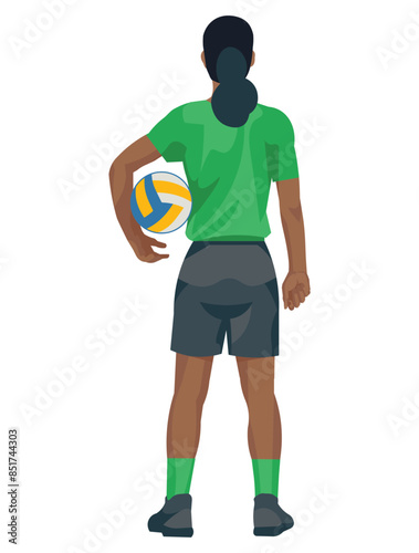 African women's volleyball girl player from the back who stands with a ball under her arm