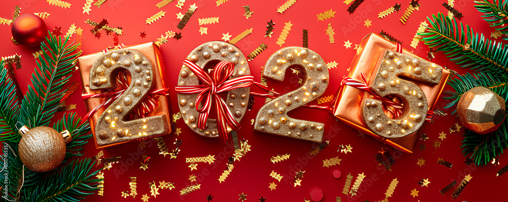 Naklejka premium Golden 2025 ornaments with red ribbons on a red background with pine branches and gold glitter