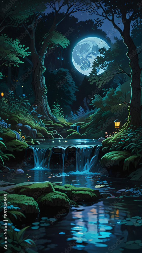 The forest pool is surrounded by trees and a waterfall flows into it and the full moon casts a magical light over the entire scene The forest pool is surrounded by trees and a waterfall flows into it and the full moon casts a magical light over the entire scene