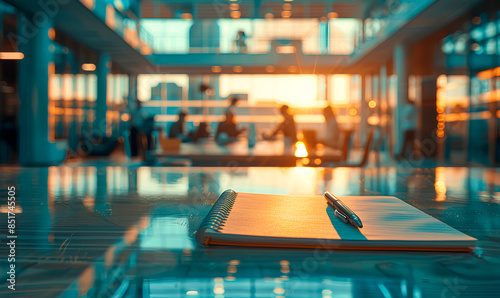 Wallpaper Mural A notebook with a pen rests on a glass table in a modern office space with an out-of-focus background of people working Torontodigital.ca