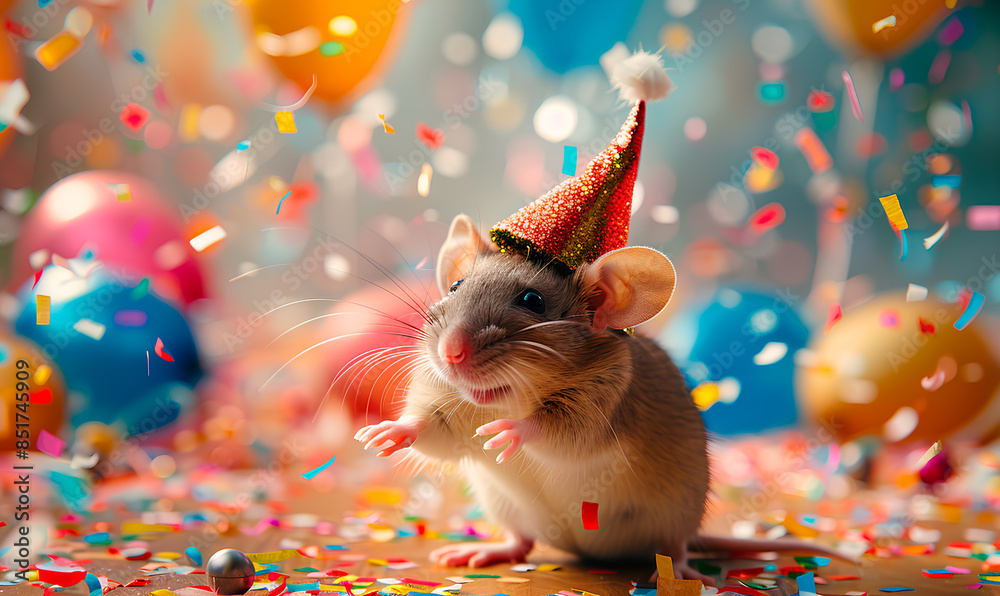 Naklejka premium A small mouse wearing a party hat smiles at the camera surrounded by colorful balloons and confetti