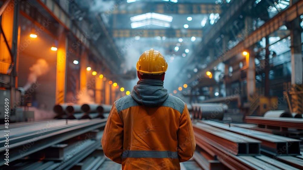 Worker Observing Steel Beam Production in an Industrial Plant Worker Observing Steel Beam Production in an Industrial Plant