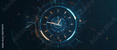 Tech circle design, abstract digital clock with spinning elements, symbolizing time and technology on a minimalist dark background
