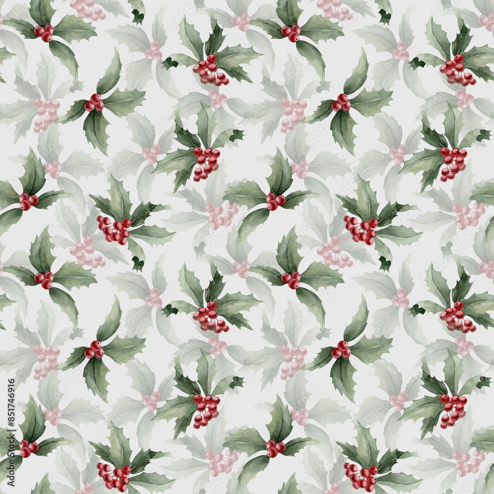 Holly berry branches with berries and leaves. Watercolor seamless pattern on blue background for winter fabric, textile Holly berry branches with berries and leaves. Watercolor seamless pattern on blue background for winter fabric, textile