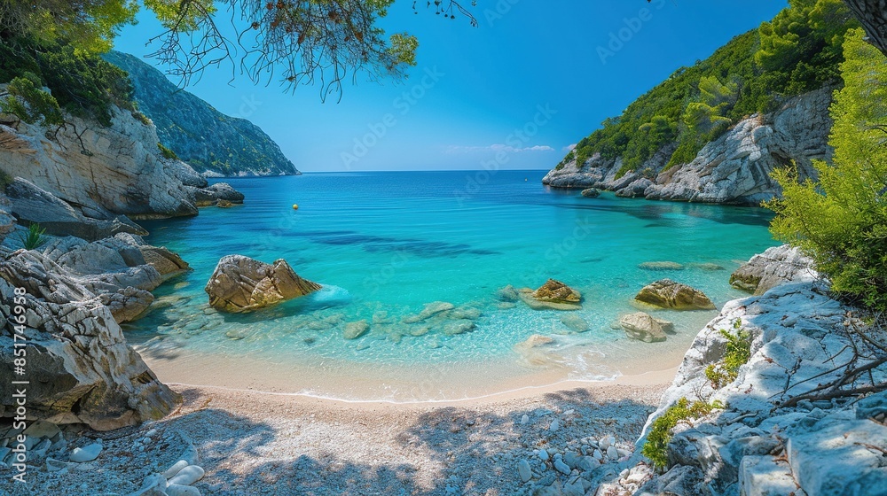 A beautiful beach with a clear blue ocean and a rocky shore A beautiful beach with a clear blue ocean and a rocky shore