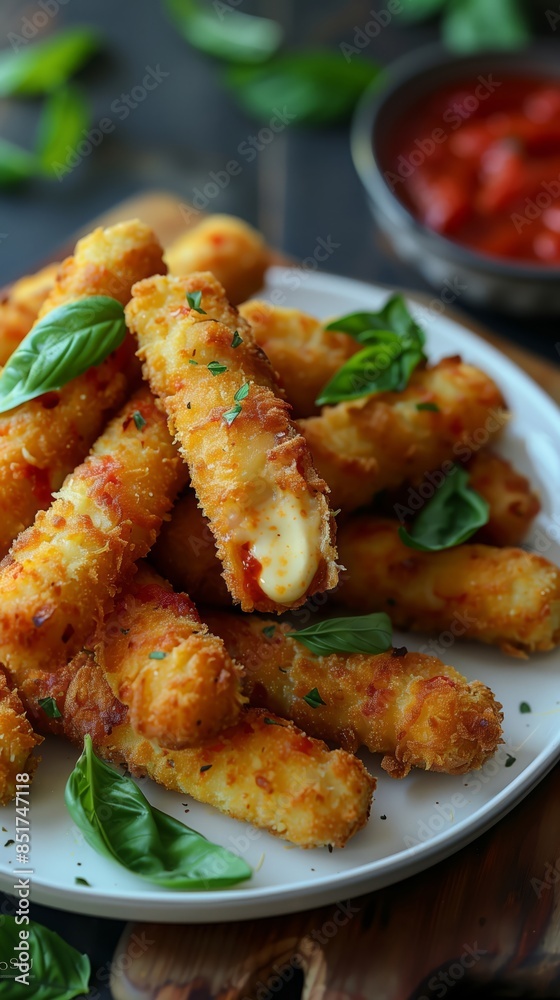 Golden crispy fried mozzarella sticks oozing with melted cheese