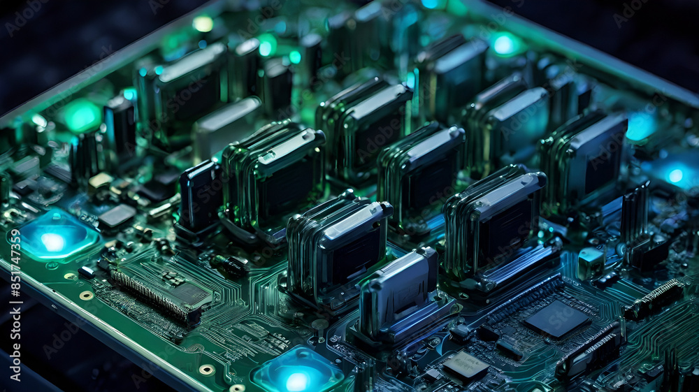 Fototapeta premium a computer motherboard with multiple AI chips, illuminated by cool blue and green lights, capturing the complexity and sophistication of modern technology