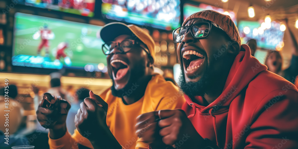 Excited men cheering while watching watching sports game on TV in bar Excited men cheering while watching watching sports game on TV in bar