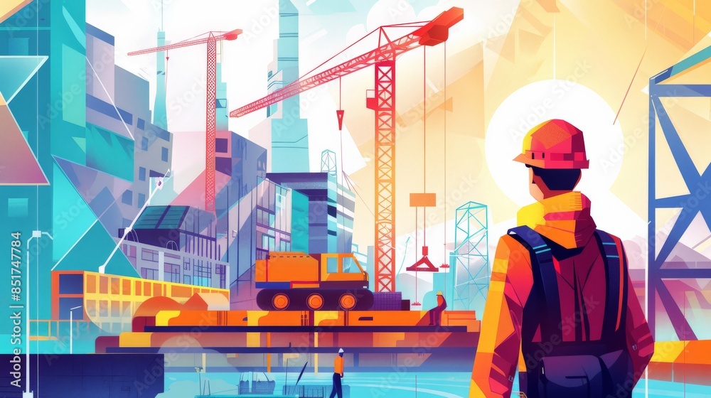 Man observing a large crane lifting beams at a construction site, illustrated with abstract geometric shapes Man observing a large crane lifting beams at a construction site, illustrated with abstract geometric shapes