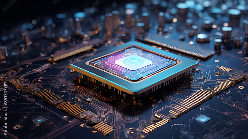 a computer chip surrounded by holographic data streams, with AI icons and symbols floating in the background, emphasizing the advanced capabilities of AI-driven hardware