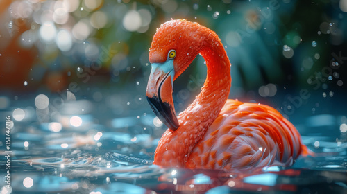 A closeup of a flamingo in the sea.