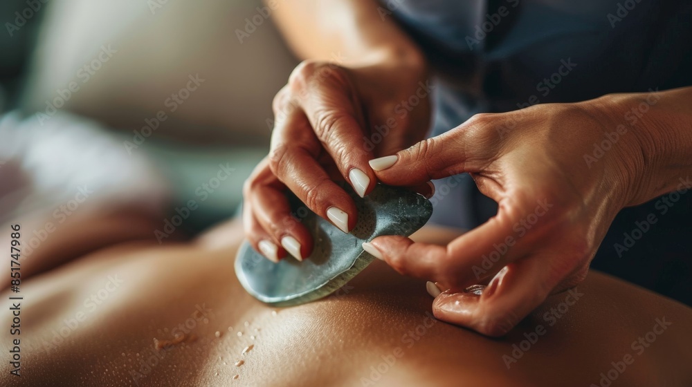 Fototapeta premium Hands using a gua sha stone on a person's back for a massage. Relaxation and rejuvenation therapy, Asian wellness techniques.