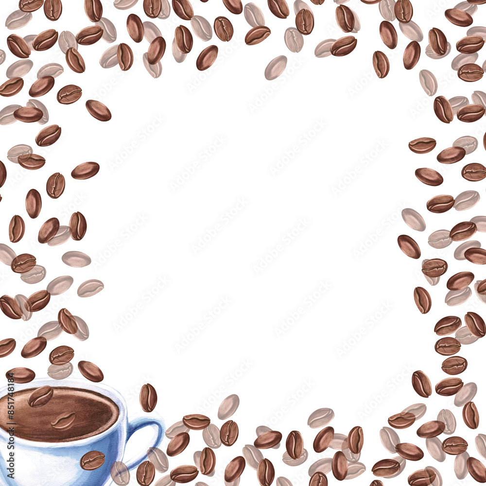 Obraz premium Coffee beans in a ceramic mug are framed in a square frame in a watercolor illustration on a white background. Hand drawn coffee illustration for cafe, menu, cookbooks, coffee brand logo