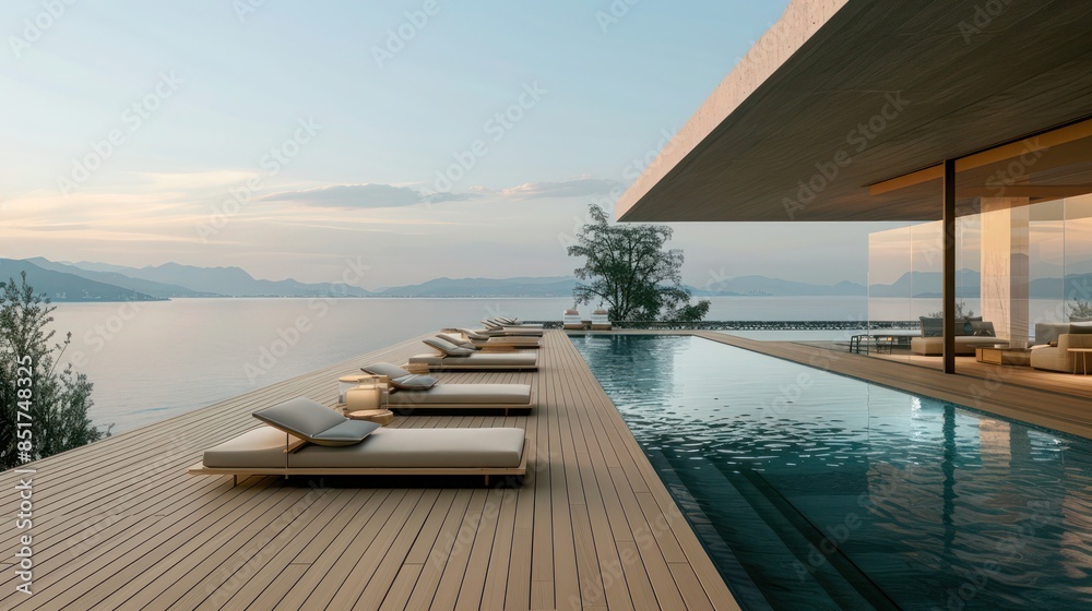 Fototapeta premium minimalist poolside lounge with sleek chaise lounges, a uniform decking material, and a focus on open, clean lines that complement the water