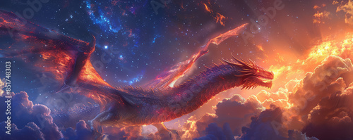 A majestic dragon soaring through a starry sky, its scales shimmering with iridescent hues, breathing fire across the heavens. photo