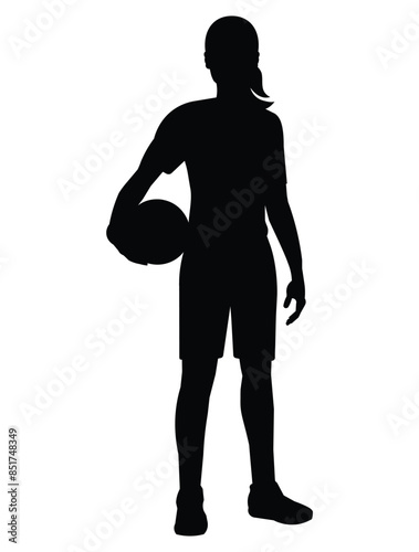 Black silhouette of a women's volleyball girl player who stands straight with a ball in her hand