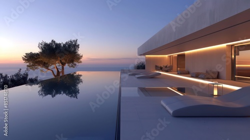 minimalist pool area with an infinity pool, discreet landscape lighting, and simple lounge chairs, all designed to highlight the water feature © Aeman