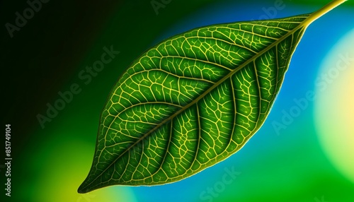 A single vibrant leaf with intricate vein patterns illuminated against a softly blurred background. photo