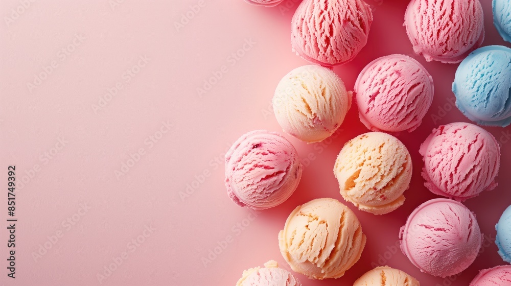 Refreshing pastel ice cream balls, pastel color background with copy space Refreshing pastel ice cream balls, pastel color background with copy space