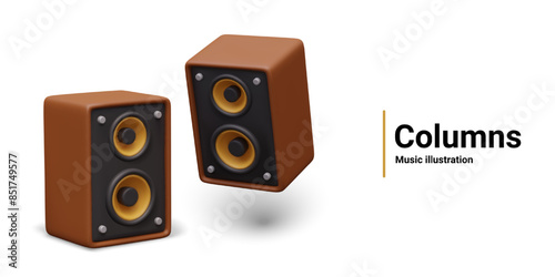 Set of music speakers in different positions. Gadget for amplifying and broadcasting sound