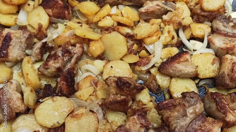 for a large family and guests in nature we fry delicious potatoes with meat on a bonfire in a giant frying pan on a summer sunny day, close-up
for a large family and guests in nature we fry delicious potatoes with meat on a bonfire in a giant frying pan on a summer sunny day, close-up