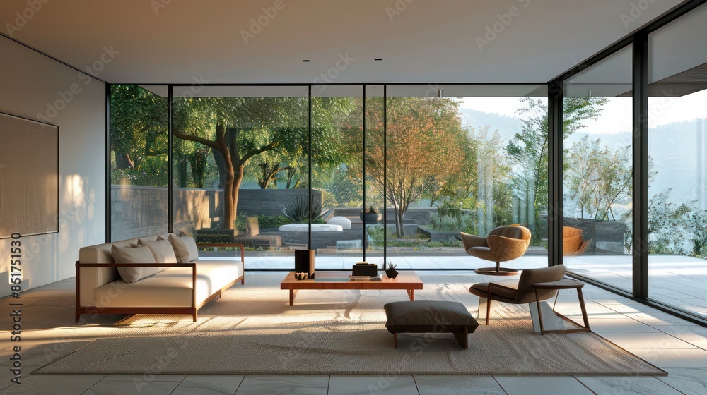 Fototapeta premium minimalist sunroom with floor-to-ceiling windows, low-profile furniture, and a restrained color palette that enhances the outdoor connection