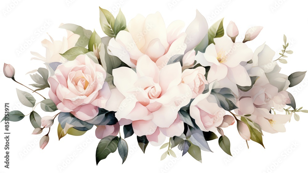Obraz premium Watercolor floral bouquet with roses, magnolia and greenery