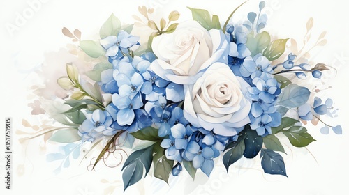 Delicate white roses and blue hydrangea flowers in a watercolor style.