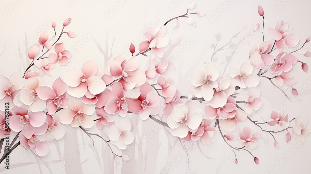 Delicate pink orchid blossoms on white branches against a light background. Delicate pink orchid blossoms on white branches against a light background.