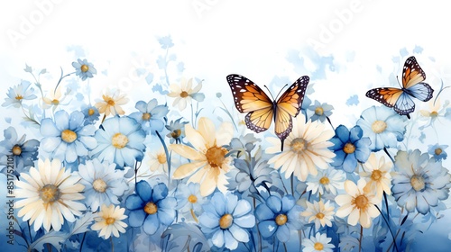 Watercolor painting of butterflies flying over blue and white daisies. photo
