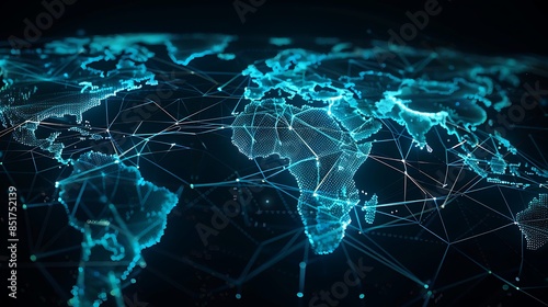 Fototapeta Naklejka Na Ścianę i Meble -  Photo realistic futuristic digital world map with glowing blue connections, highlighting global communication networks