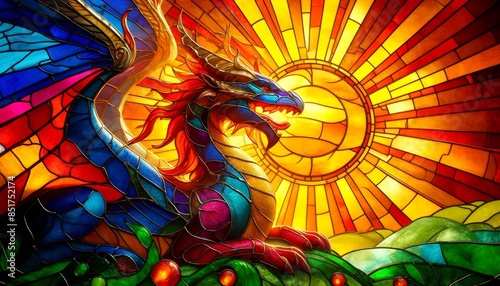 A vibrant, stained glass dragon basking in the light of a stained glass sun.