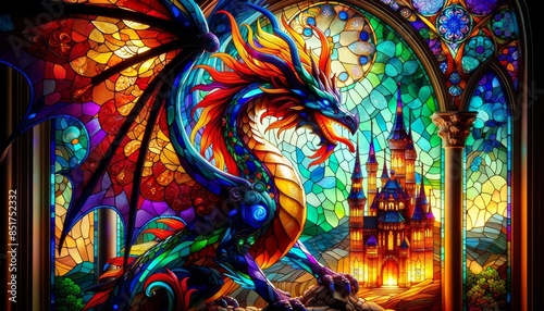 A vibrant, stained glass dragon standing guard over a stained glass castle.