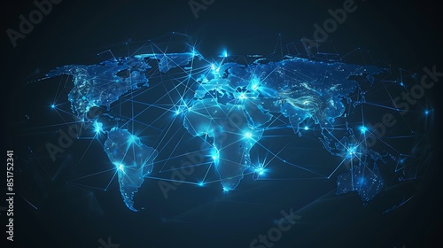 Photo realistic futuristic digital world map with glowing blue connections, highlighting global communication networks