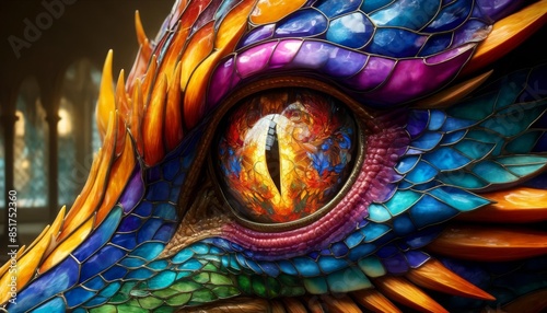 A close-up view of a vibrant, stained glass dragon's eye, reflecting a mosaic of rich colors.