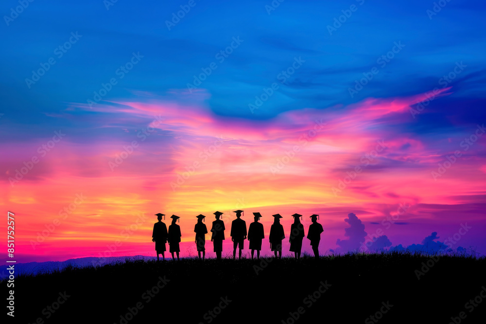 a group of graduates in graduation hats looking at the sunset, view from the back, appearance against the sky