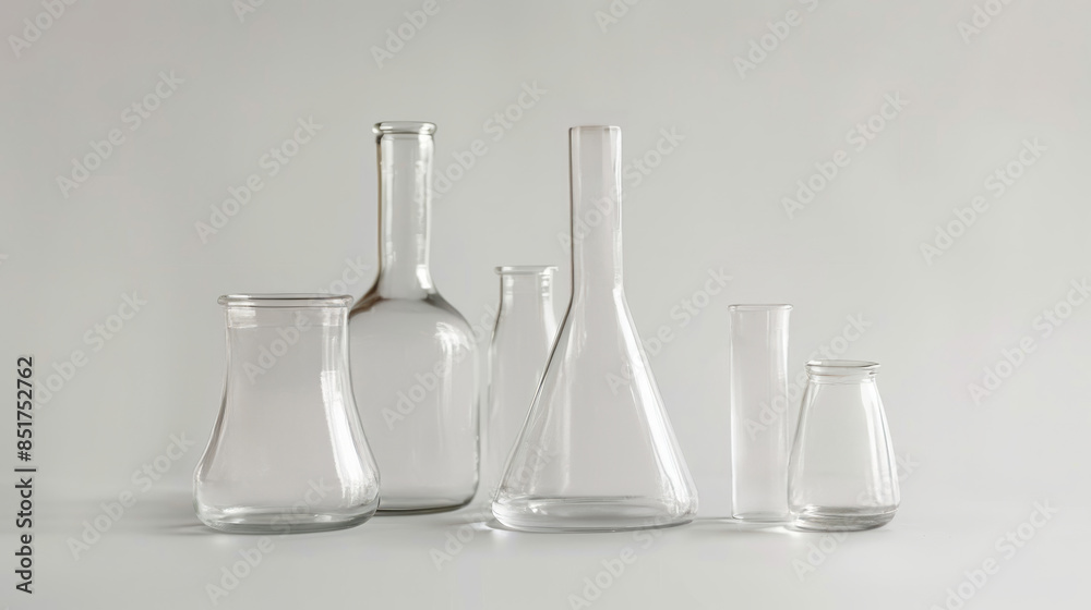 Empty laboratory glassware on grey background. Different empty glass flasks and beakers for scientific experiments on grey background. Chemistry laboratory research concept Empty laboratory glassware on grey background. Different empty glass flasks and beakers for scientific experiments on grey background. Chemistry laboratory research concept