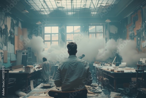 Man Sitting at a Table in a Smoky Interior Room © denklim