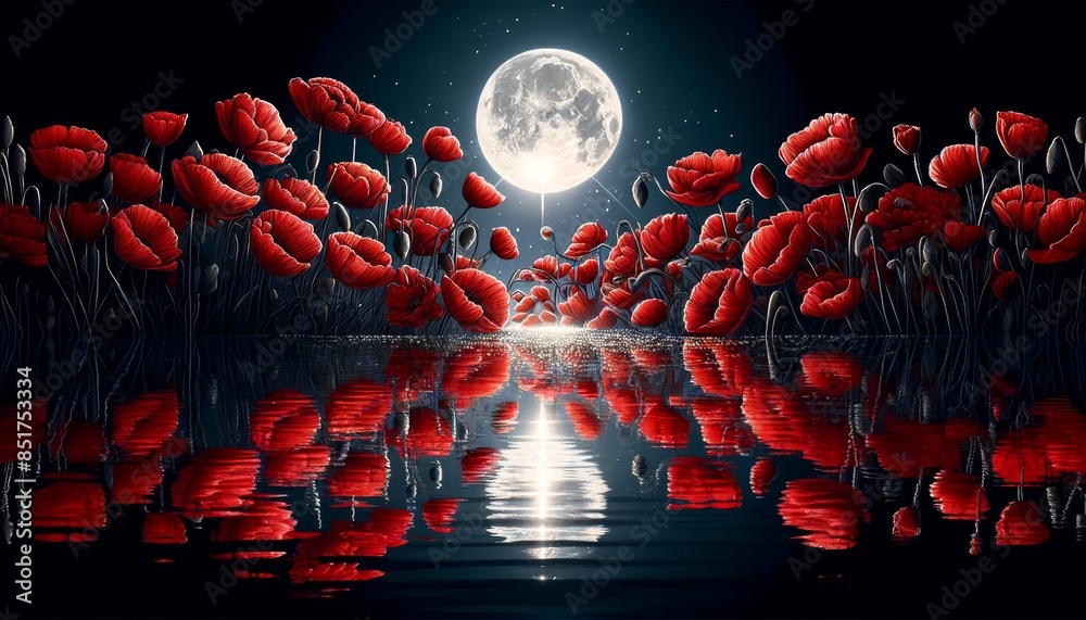 custom made wallpaper toronto digitalRed poppies reflected in a calm water surface, with the moonlight creating a shimmering effect on the water.