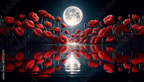 Wallpaper Mural Red poppies reflected in a calm water surface, with the moonlight creating a shimmering effect on the water. Torontodigital.ca