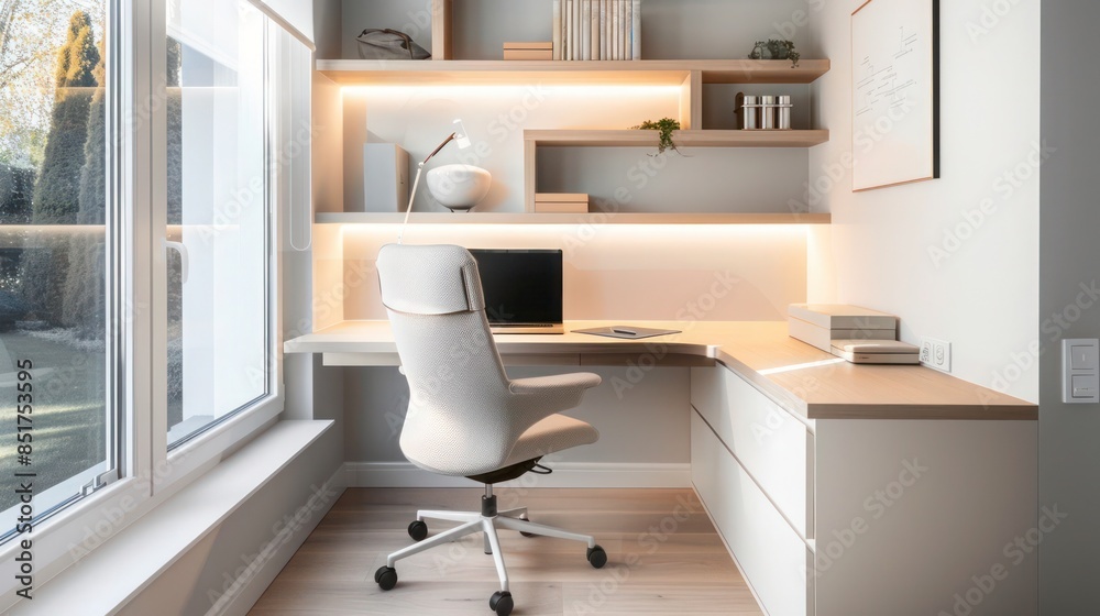 Scandinavian-style home office with a minimalist desk, ergonomic chair, and built-in shelves, creating a clean and productive workspace Scandinavian-style home office with a minimalist desk, ergonomic chair, and built-in shelves, creating a clean and productive workspace