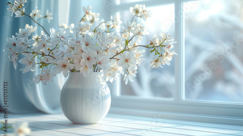 A delicate vase adorns a tall white window, resting on a white wooden table. A framed picture of a snowy landscape serves as the background.