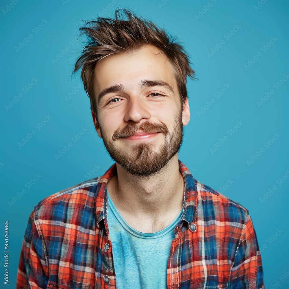 Fototapeta premium Portrait of a Smiling Young Hipster Millennial Man with a Beard on a Blue Background