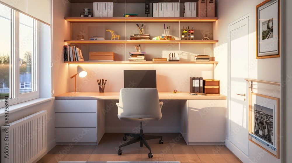 Fototapeta premium Scandinavian-style home office with a minimalist desk, ergonomic chair, and built-in shelves, creating a clean and productive workspace
