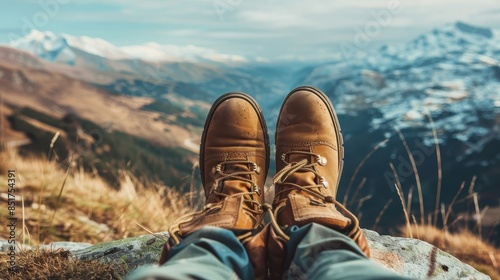 A persons feet with hiking boots resting at a mountain top