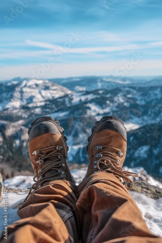 A persons feet with hiking boots resting at a mountain top