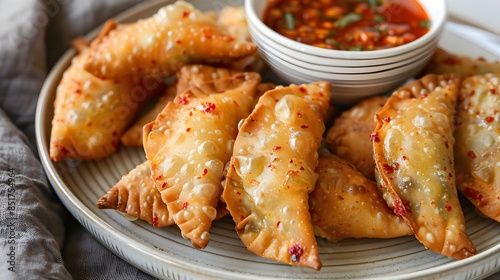 Crispy Kimchi Mandu Dumplings with Spicy Dipping Sauce on Serving Plate photo