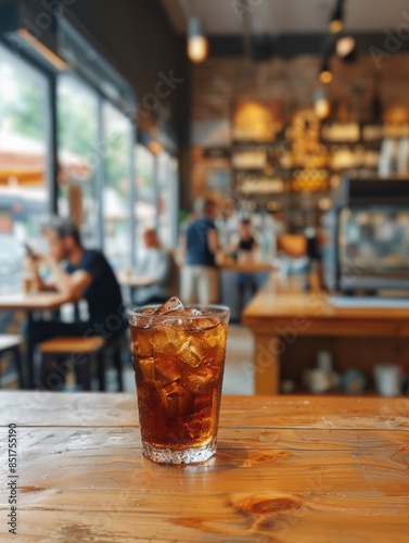 A refreshing glass of iced tea on a wooden table in a cozy cafe with people in the background enjoying their time, beautifully lit ambiance.