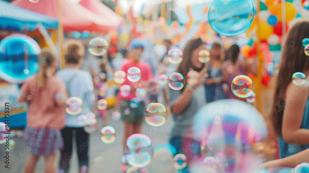 Family enjoying bubbles at a local fair, colorful tents and rides in the background, bottom third copy space