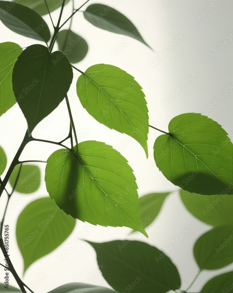 Naklejka premium A hyperrealistic image featuring vibrant green leaves against a light background, showcasing intricate details and soft, blurred shadows.